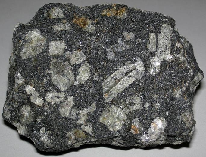 Porphyritic texture in diabase or dolerite rock