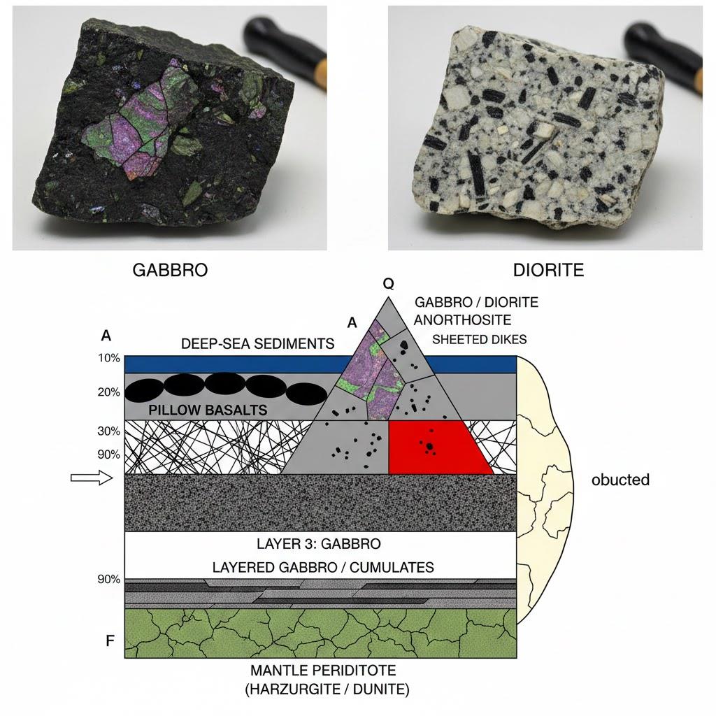 Gabbro rock texture, colors and appearance. 