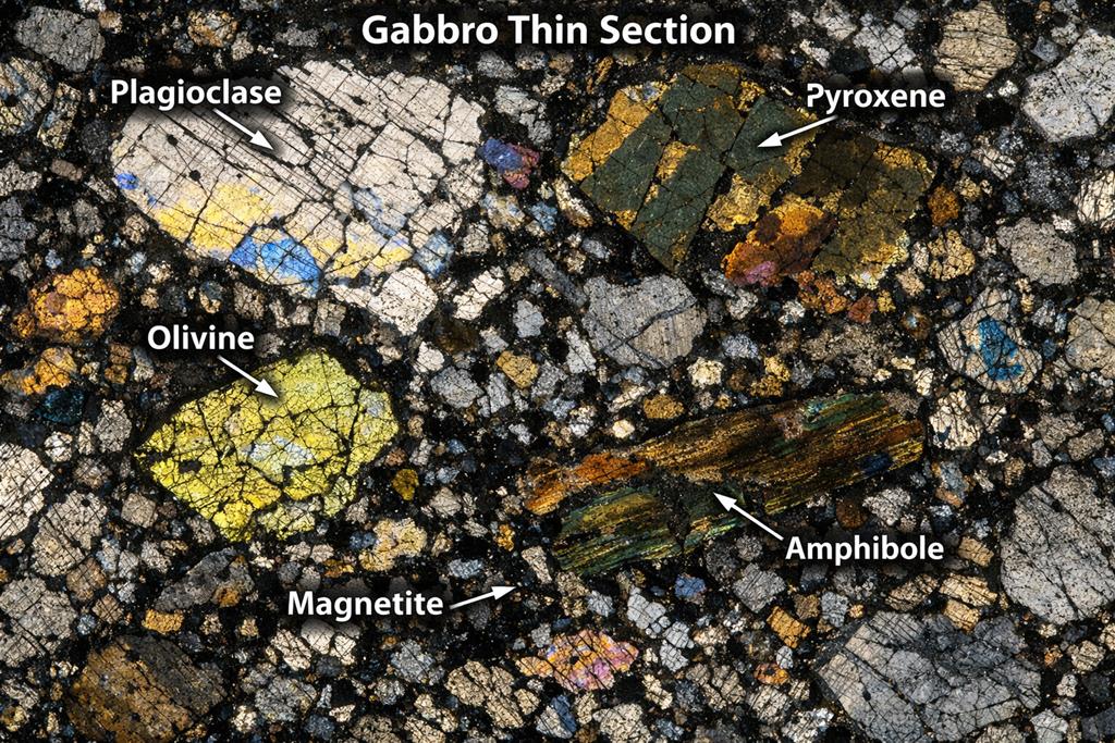 Gabbro thin section showing main minerals like plagioclase, olivine and pyroxene